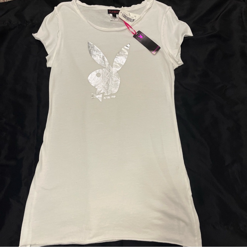Playboy Metallic Silver Bunny XL Womens T-shirt 90s 00s Y2K Original Tag Vintage